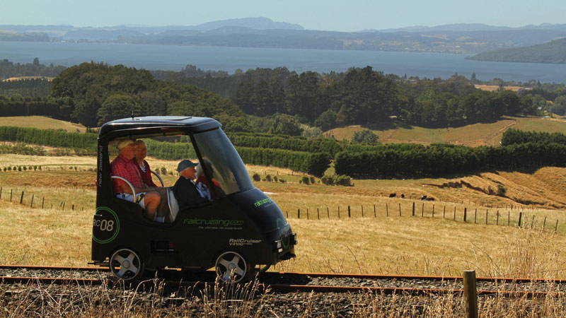 Hop aboard your own self-drive railway car and enjoy epic 360-degree views of Lake Rotorua and rolling farmland... 