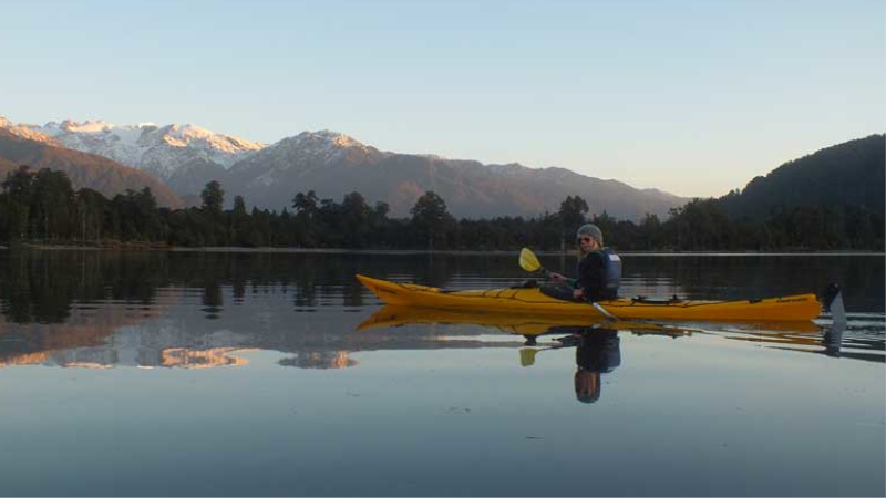 One of the most stunning sights is watching the western sun set over New Zealand's famous snow encrusted high peaks from the serenity of your stable kayak. WOW.