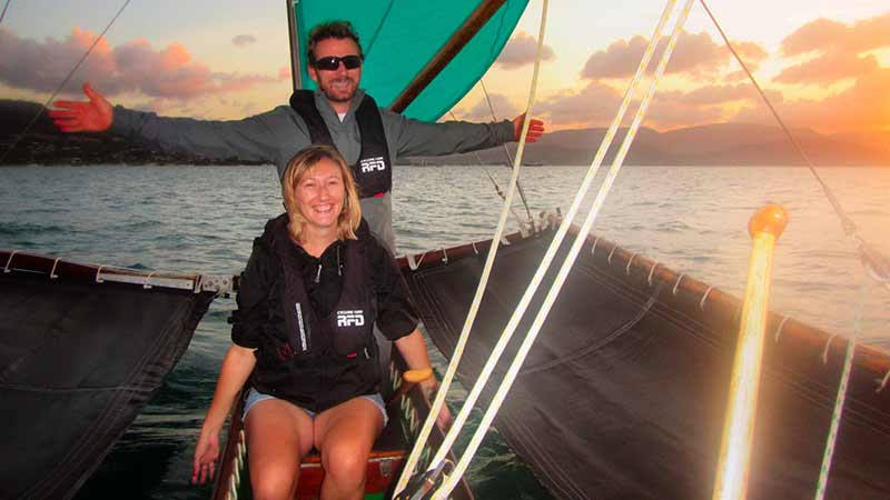 Join us for an unforgettable unique sunset over Airlie Beach in the only Hawaiian sailing outrigger canoe in Australia