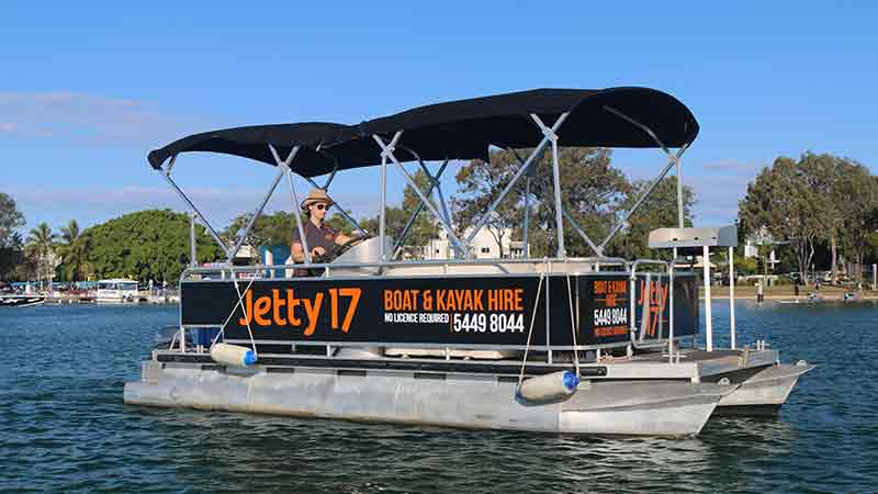 Enjoy the Noosa water ways with your friends or family with a full day BBQ Pontoon Boat Hire with Jetty 17 Boat Hire.