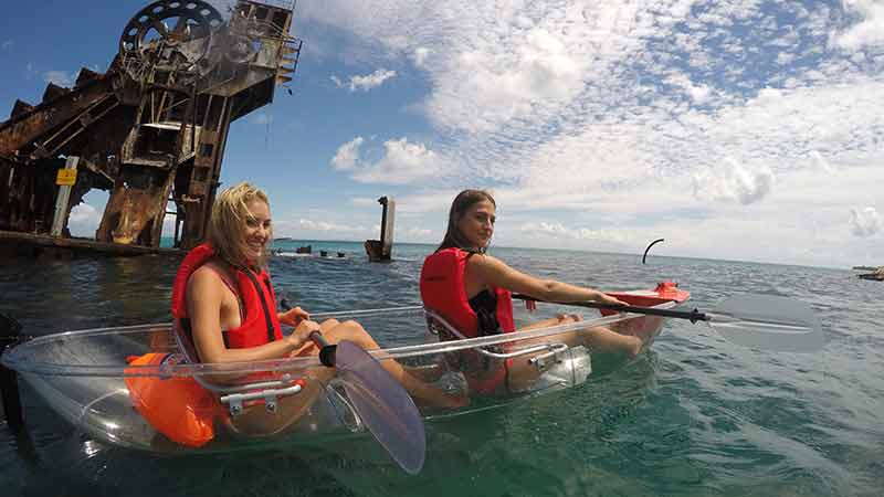Snorkel around the stunning Tangalooma Shipwrecks and check out the wrecks from our unique transparent kayaks!